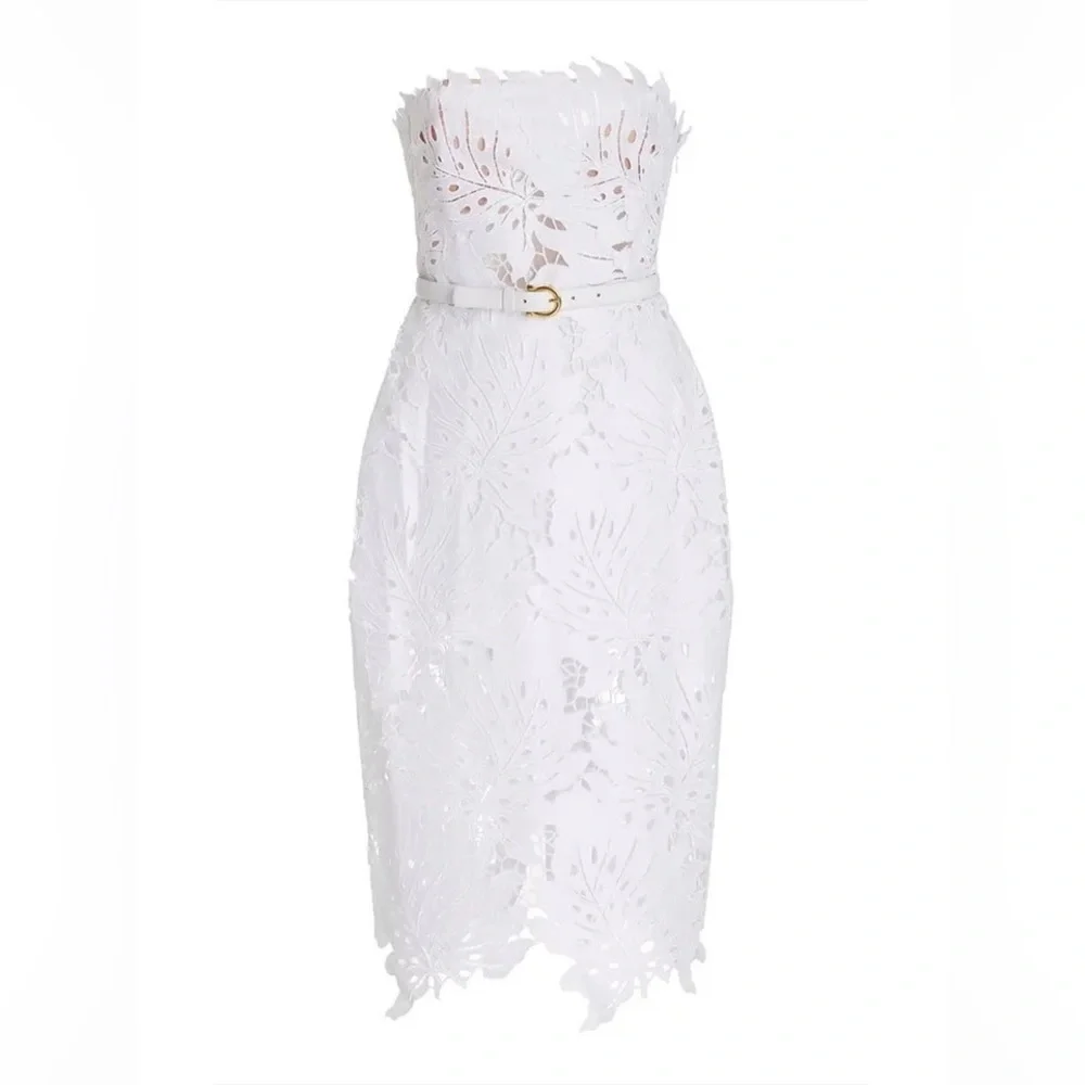 Sexy Whispy Lace Lined Bodycon Belted White MIDI Dress - Picture 6 of 8